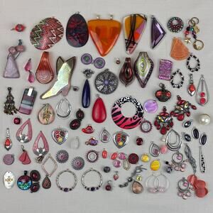 Pendant Charm Craft Jewelry Lot - 80+ Glass Stone Red Pink Purple Orange Variety